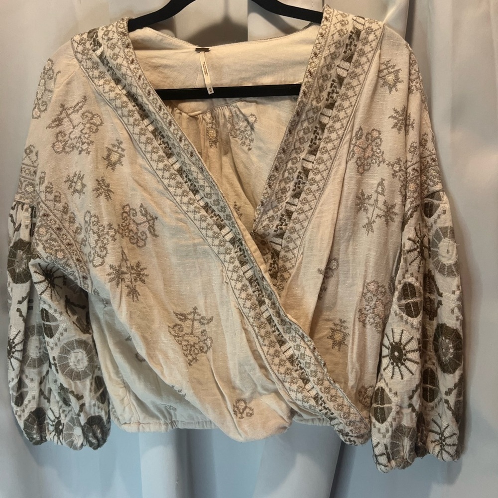 Free People Cream Embroidered 3/4 Sleeve Blouse - Picture 3 of 9